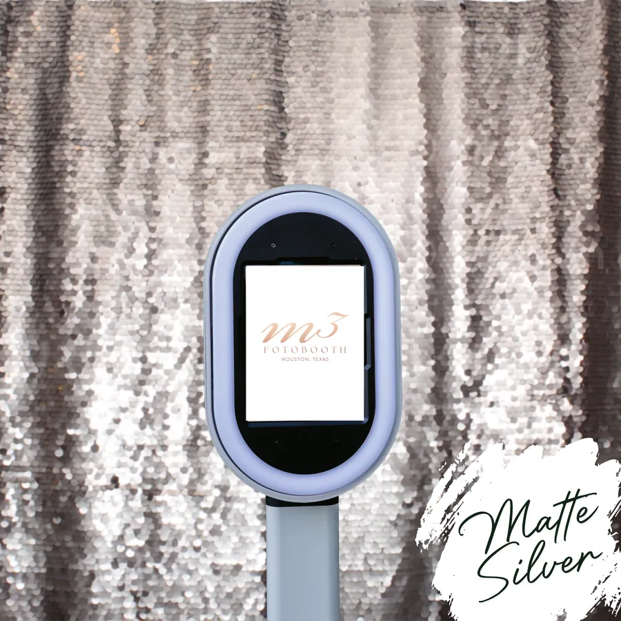 The Matte Silver Sequins backdrop behind an M3 Fotobooth booth